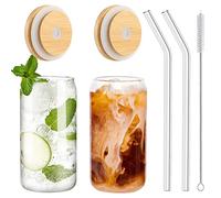 WISIMMALL Juego de 2 vasos con tapas de bambú y popote de vidrio, vasos de vidrio de 16 onzas con tapas y popotes, cerveza, vasos de café helado, refrescos, regalo 1 cepillo de limpieza