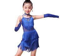 WISREMT Vestido de Baile Latino para niñas de 3 a 15 años Diamantes Brillantes Vestido de Solapa de Borla para niños Disfraces de Halloween Vestido de Baile sin Espalda Salsa Samba Rumba Dancewear