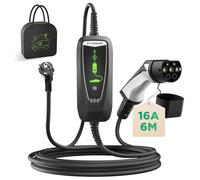 WISSENERGY Cable de Carga Rápida Tipo 2 de Vehículos Eléctricos, Corriente Conmutable 10-16A 3.68KW Cargador Coche Eléctrico con Enchufe Schuko, Cable de Carga Portátil de 6M con Bolsa IEC 62196-2