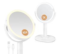 WISYOK Espelho de Maquilhagem com Luz, 10x Espejo Aumento Recarregável, Brilho Ajustável, 3 Luzes Coloridas, Espelho de Mesa tátil LED, Doble Cara 360 Rotatória (Blanco)