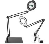 WISYOK Lupa con luz y soporte, 10 lupas LED con brazo giratorio grande, 5 modos de color, 10 niveles de intensidad regulable, lámpara de lupa 2 en 1 con abrazadera y base, lupa de lectura para