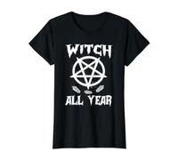 Witch All Year Witches Pagan Wicca Symbols Crystal Halloween Camiseta gráfica económica, Mujer, Negro, XS