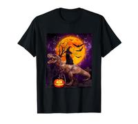 Witch Black Cat Ridding Dinosaur Moon Pumpkin Halloween Camiseta gráfica económica