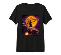 Witch Black Cat Ridding Dinosaur Moon Pumpkin Halloween Camiseta Premium