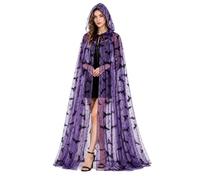 Witch Cape Hooded - Mesh Bat Print Halloween Cosplay Costume | Costume Robe Dress Up For Women Masquerade Carnival Holiday | Party Prom Stage Role Play