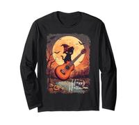 Witch Cat Riding Guitar Cat Halloween Cat Kitten Lover Kids Manga Larga