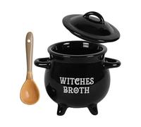 Witch Cauldron Soup Bowl With Spoon - Ceramic 650ml Black Halloween Witch