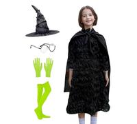Witch Costume - Polyester, Witch Black Dress Kids Halloween Outfit Breathable Fabric | Complete Set With Hat & Accessories Comfortable Cosplay Disfraz, Halloween Party Dress For School, Haunted House