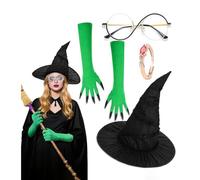 Witch Costume Women, Witch Hat with Green Claw Gloves, Complete Dress-Up Kit, Festival Cosplay Outfit, Masquerade Wear for Halloween, Role-Playing, Carnival, Movie Nights, 12.6x9.45x3.15 inches