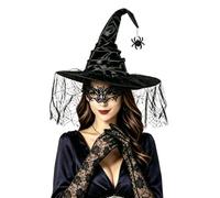 Witch Hat - Halloween Costume Accessories | 3 Piece Set, Gothic Lace | Wide Brim Pointed Design, Breathable Mesh Fabric, 58cm Head Circumference, Includes Long Gloves & Eye Cover for Parties