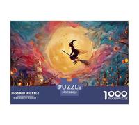 Witch Is Flying on Her Broom 1000 Piezas Cartón Rompecabezas Spooky Flying Witch Imágenes Vibrantes Juego Familiar Puzzle para Niños Pequeños 38x26cm/1000pcs