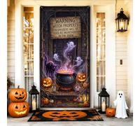 Witch Property - Cubiertas para puerta de Halloween, 91 x 183 cm | Señal de advertencia de propiedad de bruja, pancarta de puerta delantera, caldero de poción burbujeante, gato espeluznante