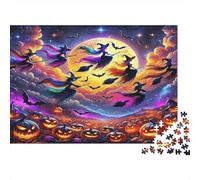 Witch Puzzles Imposible,desafío para Adultos Witches Fly Over Pumpkins Under Glowing Full Moon Entretenimiento Creativo 1000 Piezas Obra De Arte De Juego De para Adultos Y Niños 52x38cm/1000pcs