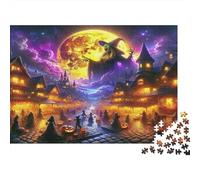 Witch Rompecabezas Imposible,desafío for Adults Halloween Town Castle Under Full Moon with Crowds Juego Educativo 1000 Piezas Obra De Arte De Juego De para Adultos Y Niños 70x50cm/1000pcs
