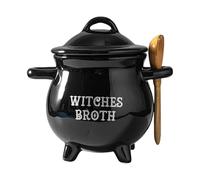 Witch Soup Bowl - Ceramic Black Cauldron | Halloween Candy Dish with Spoon