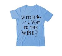 Witch Way to The Wine - Camiseta con cuello en V para mujer y hombre, diseño de bruja de Halloween, Azul cielo-1, S