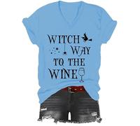 Witch Way to The Wine - Camiseta con cuello en V para mujer y hombre, diseño de bruja de Halloween, azul celeste, S