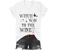 Witch Way to The Wine - Camiseta con cuello en V para mujer y hombre, diseño de bruja de Halloween, blanco, S