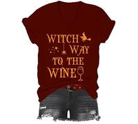 Witch Way to The Wine - Camiseta con cuello en V para mujer y hombre, diseño de bruja de Halloween, Burdeos, S