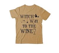 Witch Way to The Wine - Camiseta con cuello en V para mujer y hombre, diseño de bruja de Halloween, Caqui-1, S