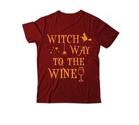 Witch Way to The Wine - Camiseta con cuello en V para mujer y hombre, diseño de bruja de Halloween, Claret-1, S