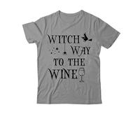 Witch Way to The Wine - Camiseta con cuello en V para mujer y hombre, diseño de bruja de Halloween, Gris-1, S