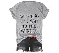 Witch Way to The Wine - Camiseta con cuello en V para mujer y hombre, diseño de bruja de Halloween, gris, S