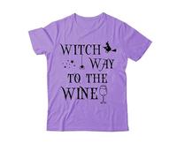 Witch Way to The Wine - Camiseta con cuello en V para mujer y hombre, diseño de bruja de Halloween, Morado-1, S