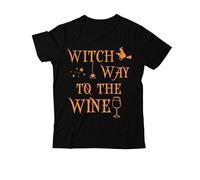 Witch Way to The Wine - Camiseta con cuello en V para mujer y hombre, diseño de bruja de Halloween, Negro-1, S