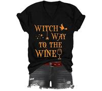 Witch Way to The Wine - Camiseta con cuello en V para mujer y hombre, diseño de bruja de Halloween, Negro, S
