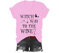 Witch Way to The Wine - Camiseta con cuello en V para mujer y hombre, diseño de bruja de Halloween, rosa, 3XL