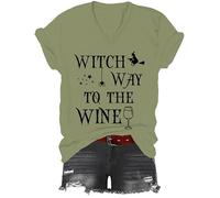 Witch Way to The Wine - Camiseta con cuello en V para mujer y hombre, diseño de bruja de Halloween, verde, S