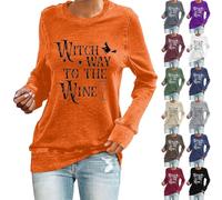 Witch Way to The Wine - Camisetas divertidas de bruja para mujer, disfraces de Halloween aterradores, camisetas de manga larga, túnica sin botones, trajes de festival de moda, blanco, L