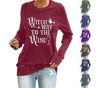 Witch Way to The Wine - Camisetas divertidas de bruja para mujer, disfraces de Halloween aterradores, camisetas de manga larga, túnica sin botones, ropa de festival de moda, azul oscuro, S