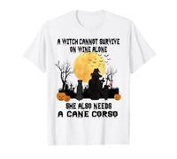 Witch Wine and Cane Corso Dog Mom Funny Halloween Costume Camiseta gráfica económica