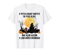 Witch Wine and Long Haired Dachshund Dog Halloween Costume Camiseta gráfica económica
