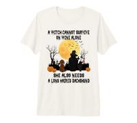 Witch Wine and Long Haired Dachshund Dog Halloween Costume Camiseta Premium
