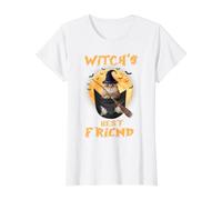 Witch's Best Friend Halloween Golden British Cat Witch Camiseta gráfica económica, Mujer, Blanco, L