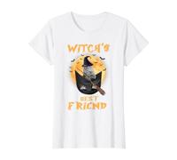 Witch's Best Friend Halloween Grey Tabby Cat Witch In Pocket Camiseta gráfica económica, Mujer, Blanco, XS