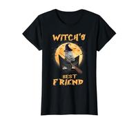Witch's Best Friend Halloween Grey Tabby Cat Witch In Pocket Camiseta gráfica económica, Mujer, Negro, XS