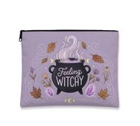 Witchy Cauldron - Bolsa de maquillaje de otoño con cita mágica de caldero de brujas, 7 x 9 pulgadas | Tema de bruja, bolsa de cosméticos, estampado de caldero místico, fondo lavanda violeta, detalles de follaje otoñal