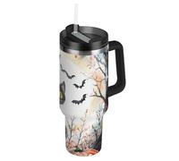 Witchy Halloween - Botella de agua aislada al vacío con diseño de gato negro de Halloween, fantasmas espeluznantes, boca ancha, con pajilla, resistente a fugas, taza de viaje para café, escuela