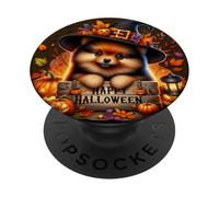 Witchy Pomeranian Puppy In Black Witch Hat Happy Halloween PopSockets PopGrip Adhesivo
