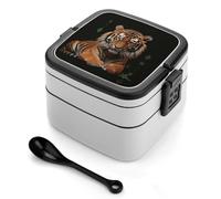 With Tiger And Paws Bento Box 1000ml Leak Proof Lunch Container with Removable Dividers & Spoon - BPA-Free PP Stackable Lunch Box for Work, Office, Picnic, Travel, Dining Out