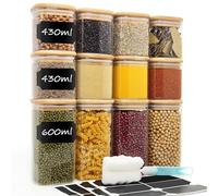 Withosent 12pcs Tarros de Cristal con Tapa, 430ml/600ml Tarros de Vidrio Cocina Almacenaje con Tapa de Madera, Bote Especias Apilables, Frascos de Vidrio para Hierba, Té, Cereales, Nuez