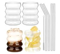 Withosent 300ml Vasos de Cristal Agua con Pajita, 4pcs Vasos de Cristal Ondulados Estilo Vintage, Juego de Vasos Agua para Café, Yogur, Soda, Cocktail, Cerveza, Batidos, Whisky