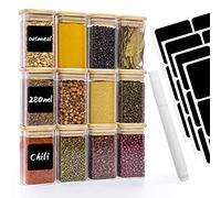 Withosent Juego de 12 tarros de cristal para especias, 280 ml, tapa rectangular de madera, recipiente de cristal con tapa pequeña, latas apilables para especias para cocina
