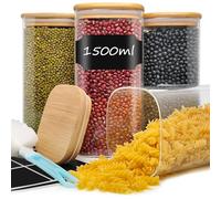 Withosent Juego de 4 Tarros de Cristal con Tapa 1.5L, Tarros de Vidrio Cocina Almacenaje con Tapa de Bambú, Bote Cristal Herméticos, Frascos de Vidrio para Cereales Frijoles Pasta