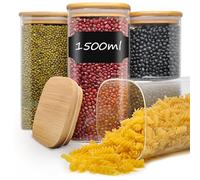 Withosent Juego de 4 Tarros de Cristal con Tapa 1.5L, Tarros de Vidrio Cocina Almacenaje con Tapa de Bambú, Bote Cristal Herméticos, Frascos de Vidrio para Cereales Frijoles Pasta