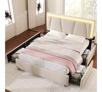 Witimisy Cama doble con iluminación LED y 4 cajones, cama tapizada con cabecero de altura ajustable y espacio de almacenamiento, incluye somier de listones de madera, sin colchón, 207 x 149 x 102 cm